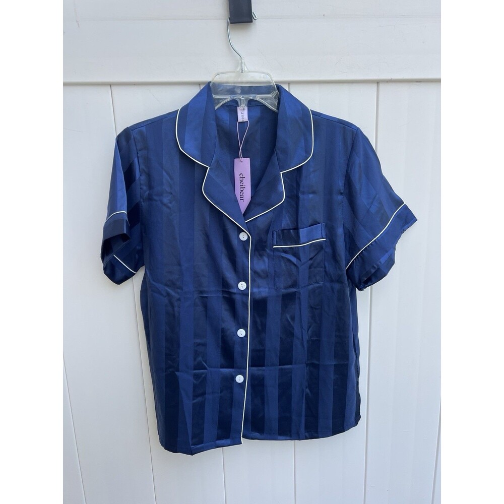 Womens Satin Feel Pajama Top Size XS Short Sleeve Blue